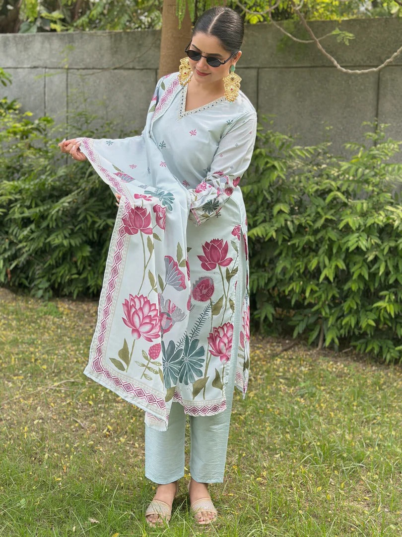 Sky Blue Silk Blend Digital Print Kurta Set with Dupatta for Women