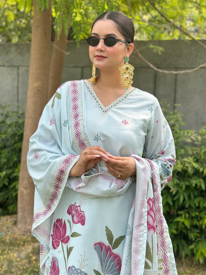 Sky Blue Silk Blend Digital Print Kurta Set with Dupatta for Women
