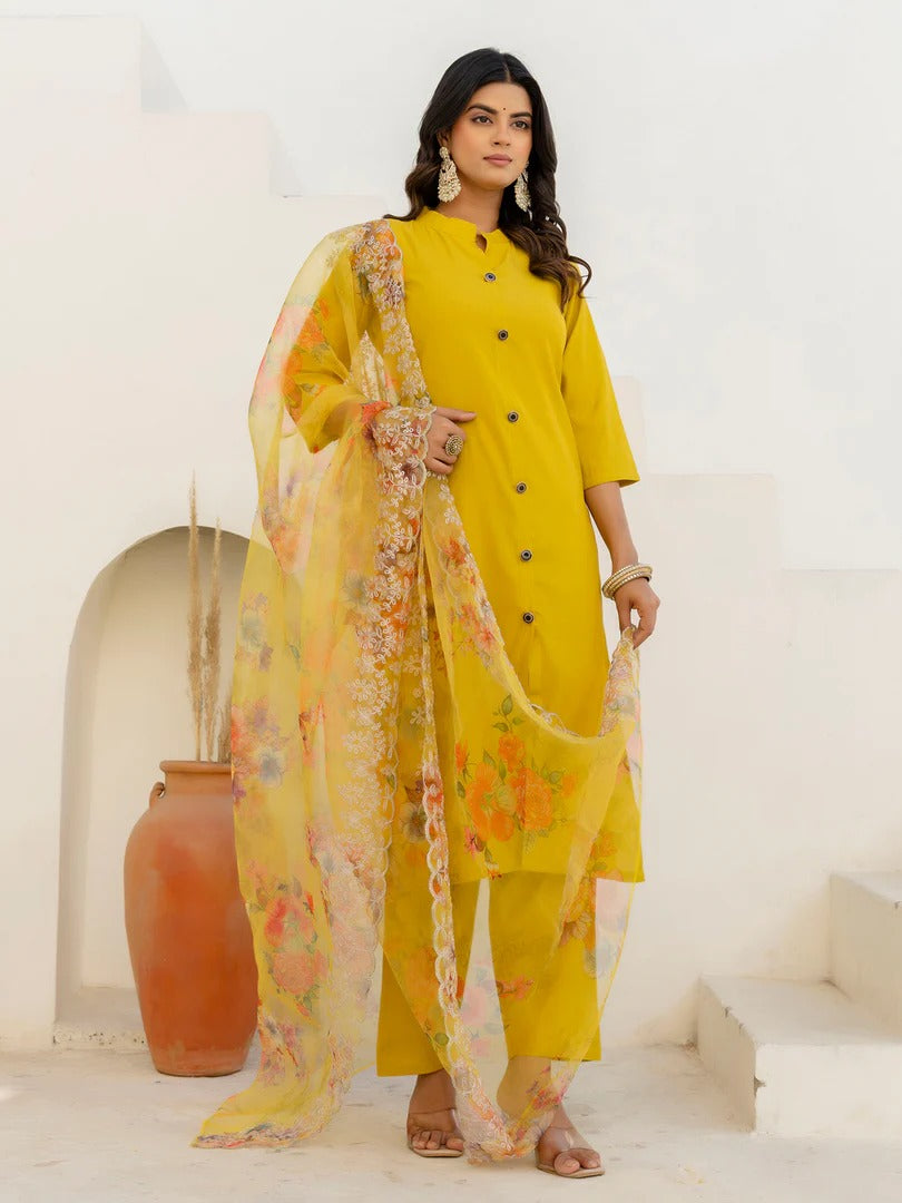Yellow Shimmer Silk Kurta Set with Embroidered Organza Dupatta for Women