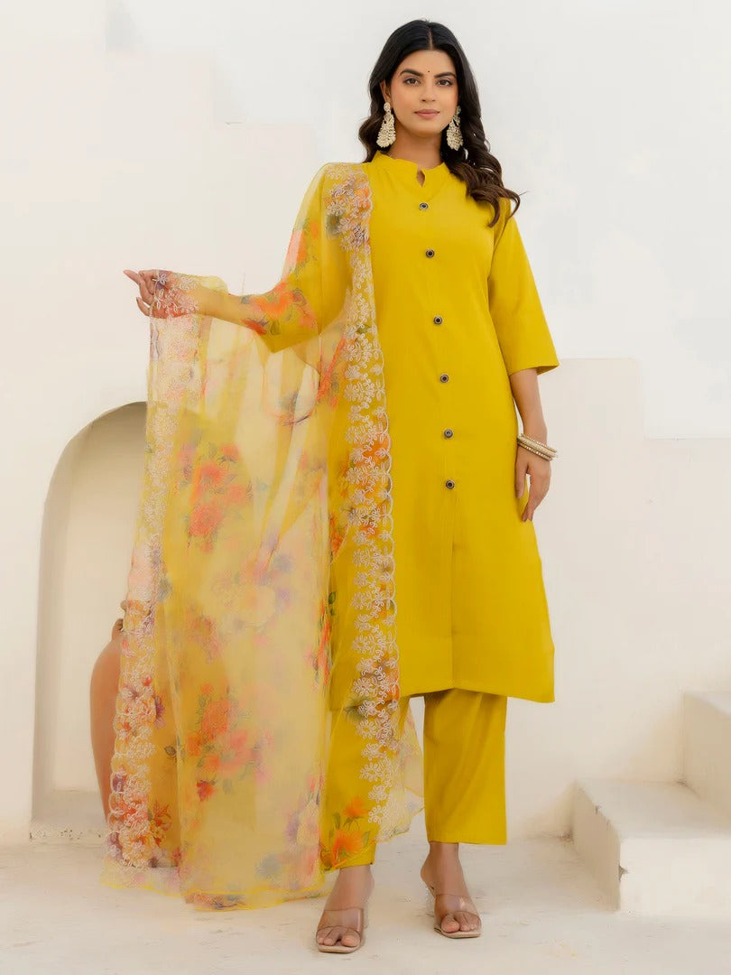 Yellow Shimmer Silk Kurta Set with Embroidered Organza Dupatta for Women