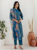 Blue Shimmer Silk Kurta Set with Embroidered Organza Dupatta for Women
