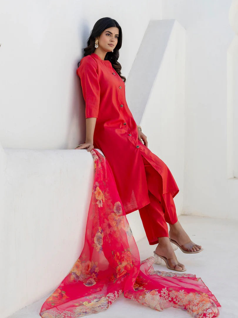 Red Shimmer Silk Kurta Set with Embroidered Organza Dupatta for Women