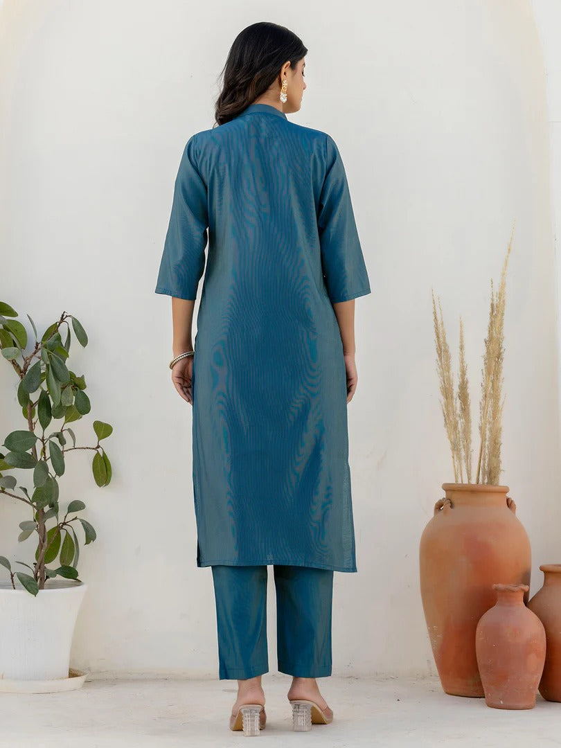Blue Shimmer Silk Kurta Set with Embroidered Organza Dupatta for Women