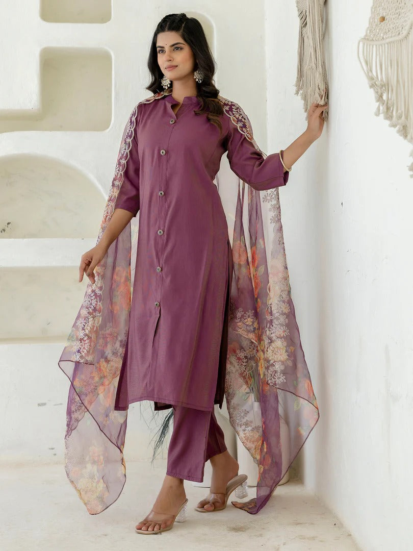 Maroon Shimmer Silk Kurta Set with Embroidered Organza Dupatta for Women