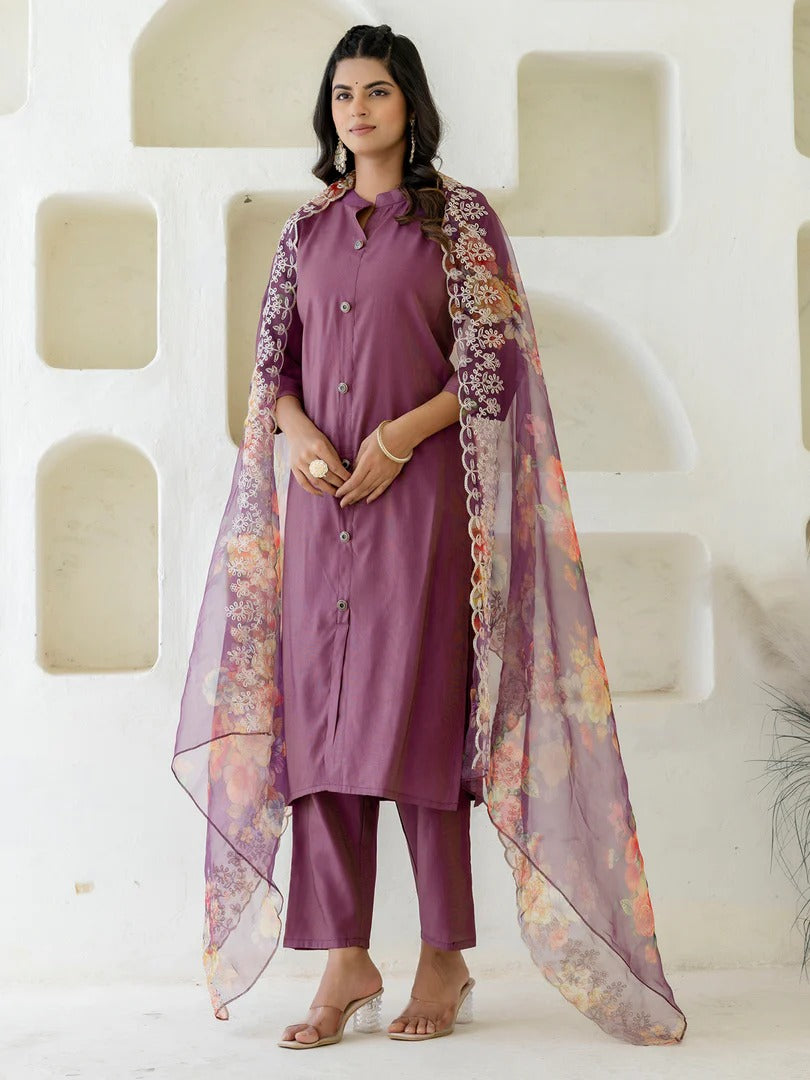 Maroon Shimmer Silk Kurta Set with Embroidered Organza Dupatta for Women