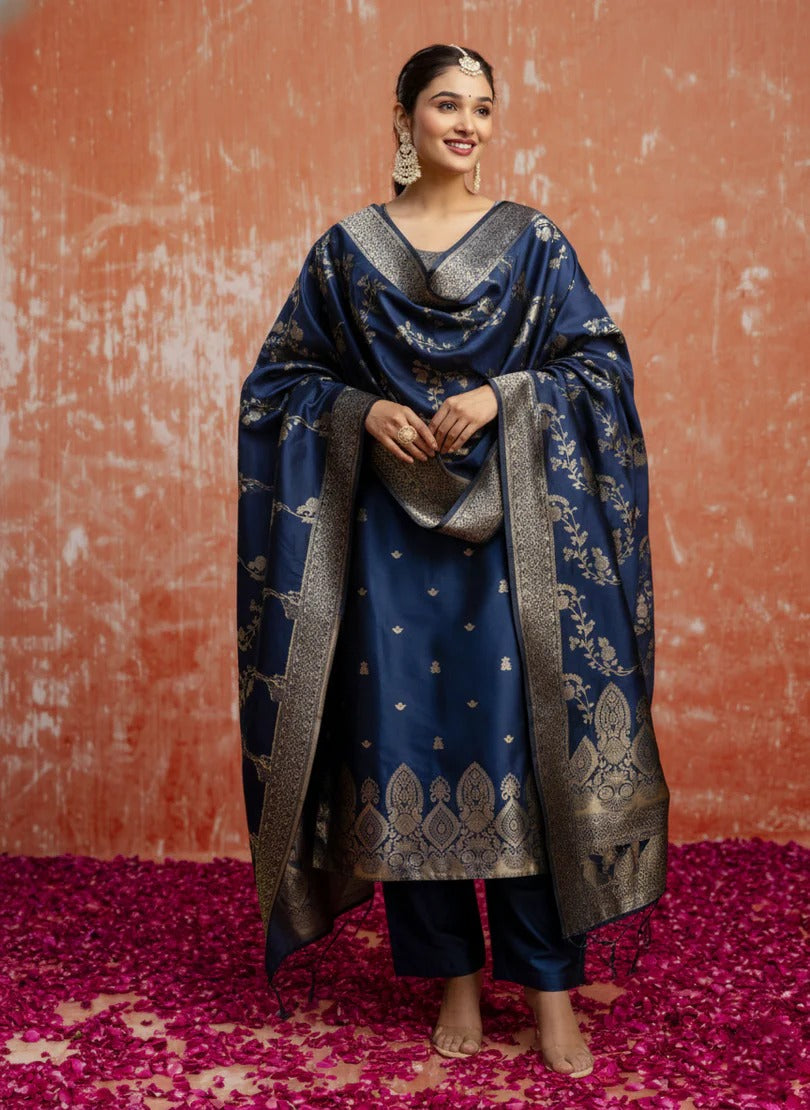 Teal Cotton Silk Blend Kurta Set with Jacquard Silk Dupatta for Women
