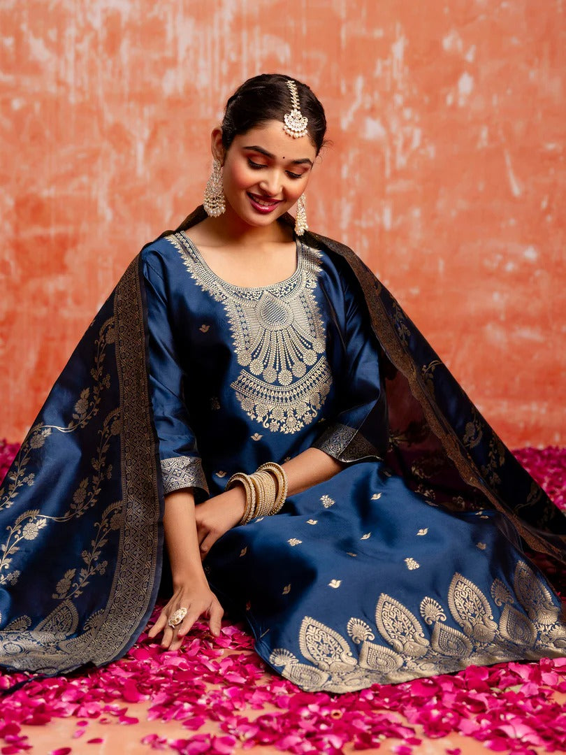 Teal Cotton Silk Blend Kurta Set with Jacquard Silk Dupatta for Women
