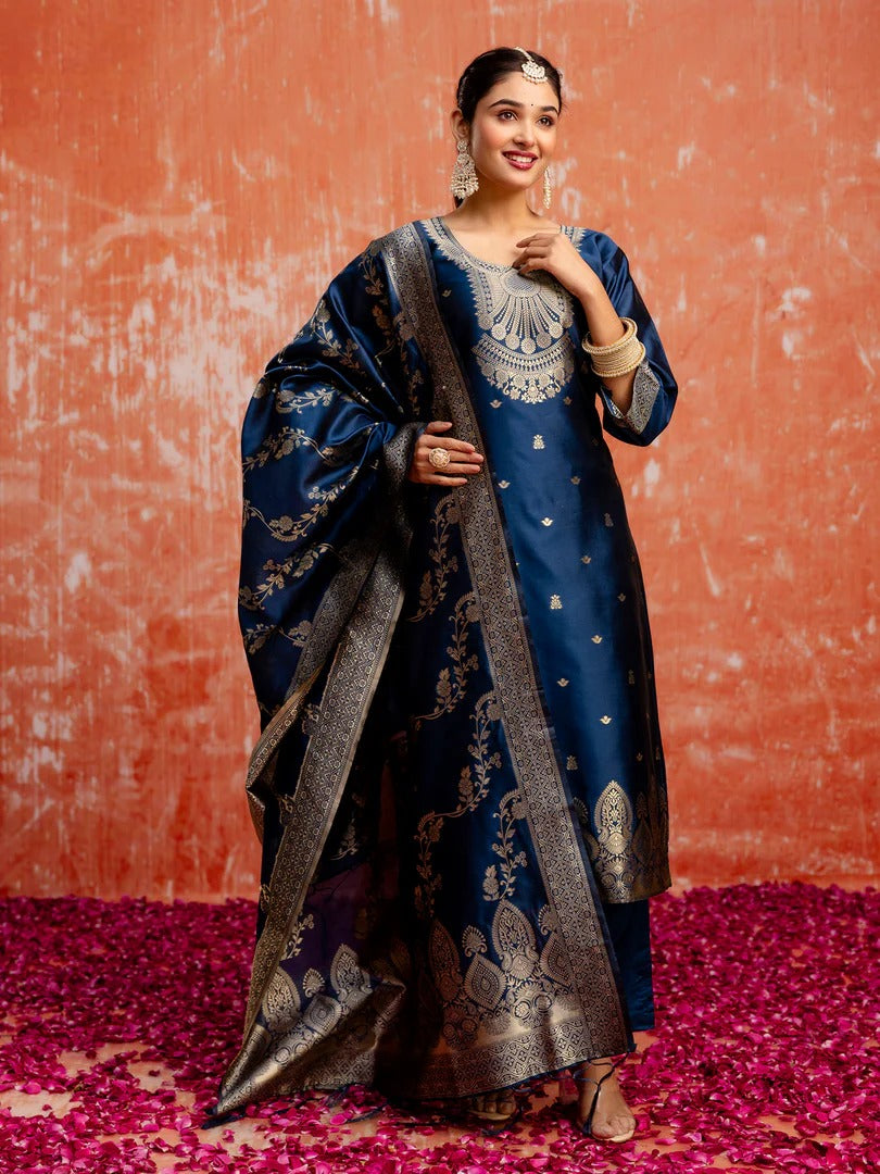 Teal Cotton Silk Blend Kurta Set with Jacquard Silk Dupatta for Women