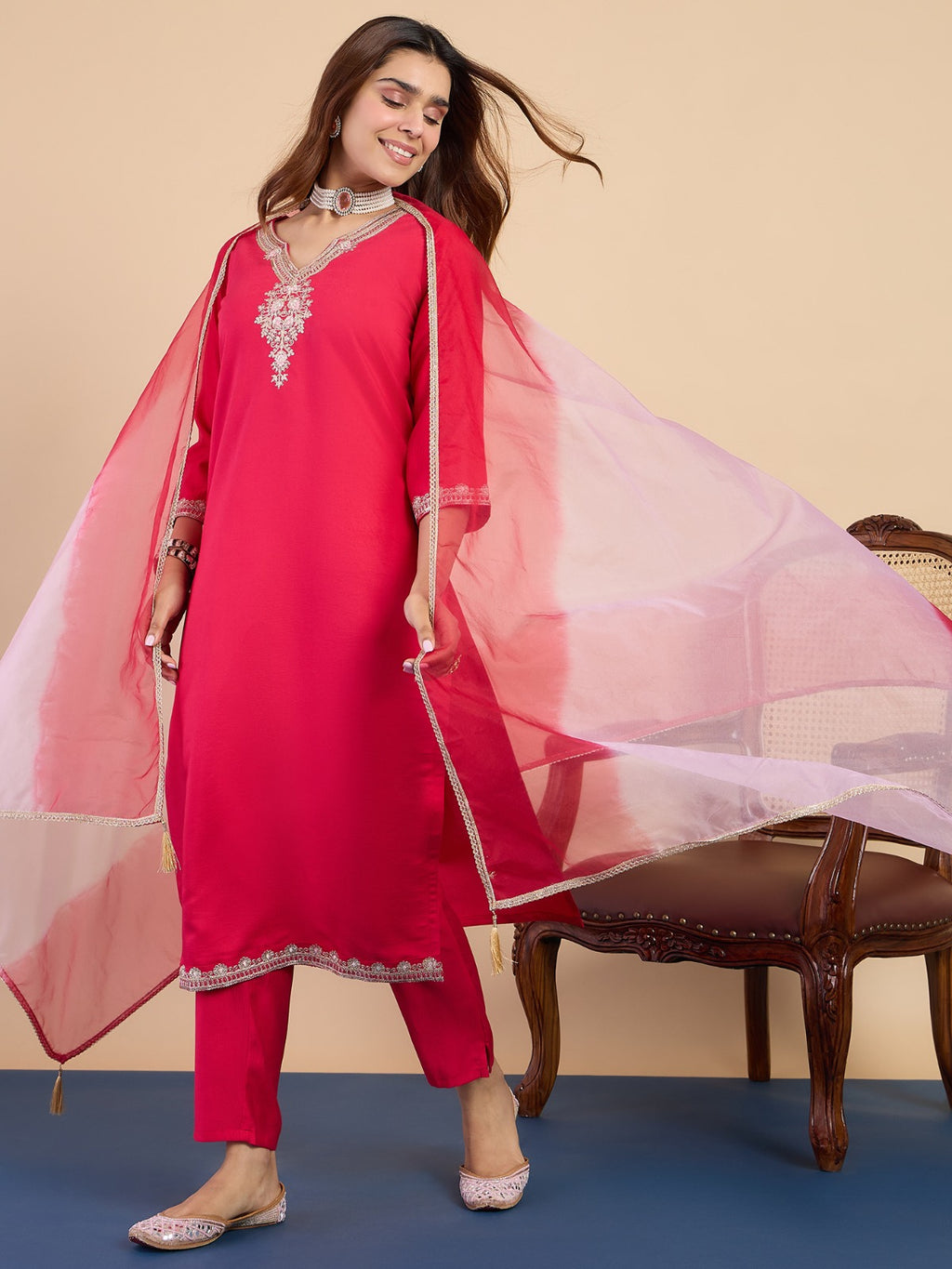 Women’s Floral Embroidered Gadwal Silk Straight Kurta Pant Set with Organza Dupatta