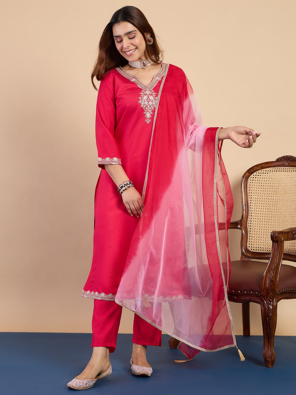 Women’s Floral Embroidered Gadwal Silk Straight Kurta Pant Set with Organza Dupatta