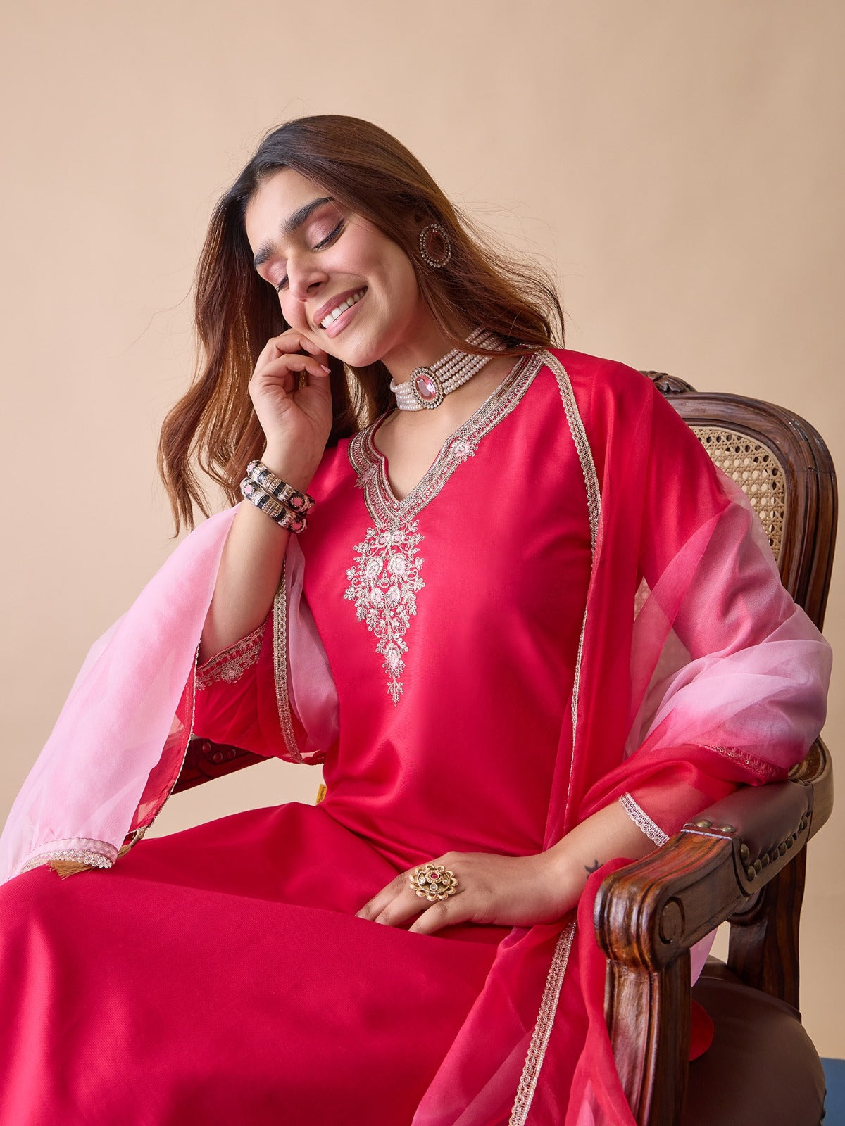 Women’s Floral Embroidered Gadwal Silk Straight Kurta Pant Set with Organza Dupatta