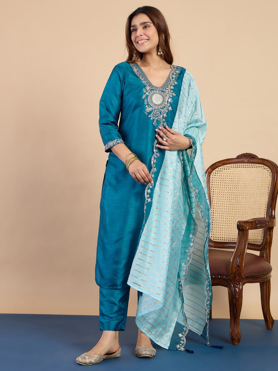 Women’s Zora Silk Kurta Pant Set with Chanderi Striped Dupatta |