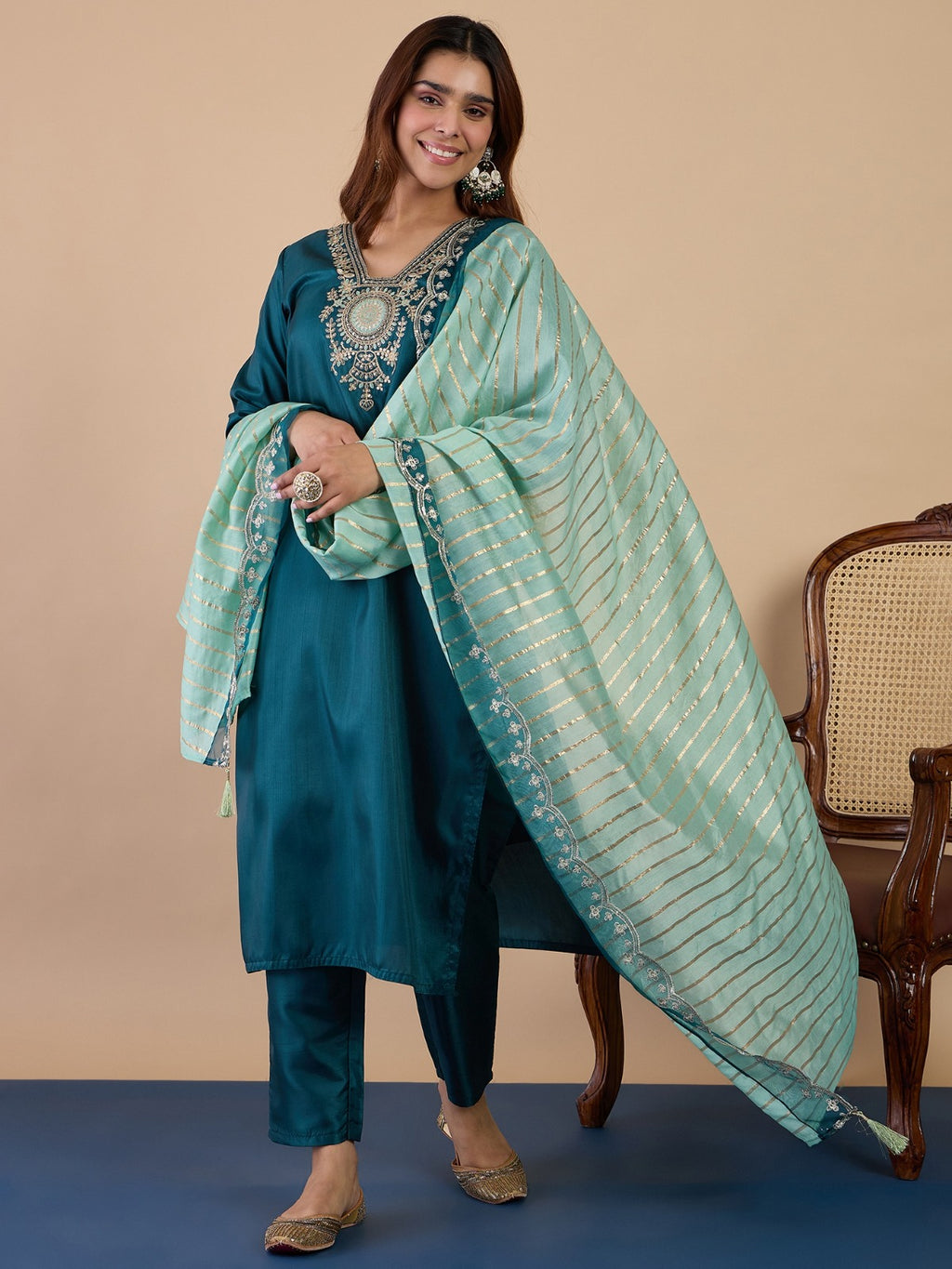 Women’s Zora Silk Kurta Pant Set with Chanderi Striped Dupatta |