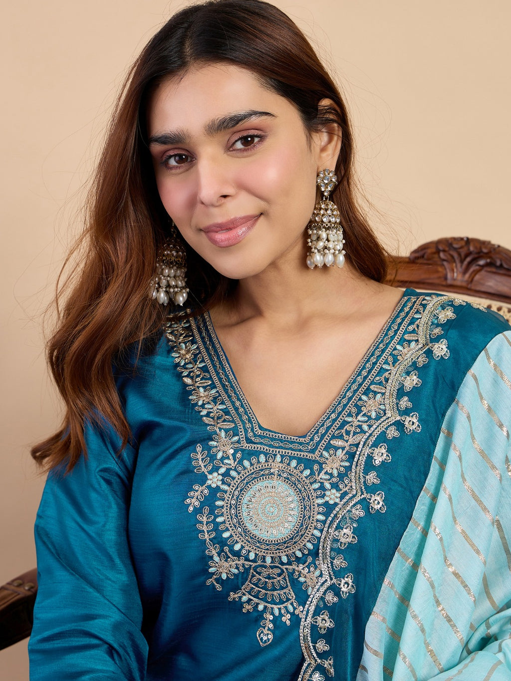 Women’s Zora Silk Kurta Pant Set with Chanderi Striped Dupatta |