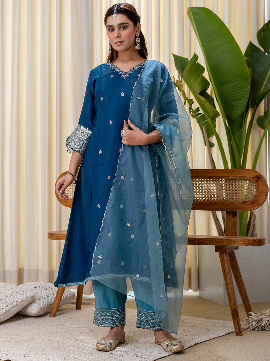 Women’s A-Line Brownie Silk Blend Kurta Pant Set with Embroidered Organza Dupatta