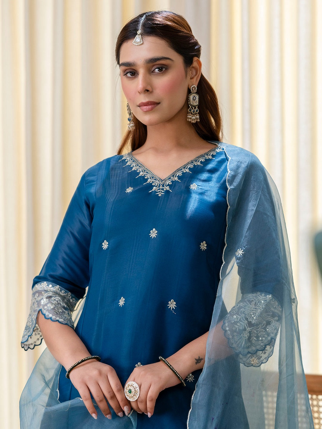 Women’s A-Line Brownie Silk Blend Kurta Pant Set with Embroidered Organza Dupatta