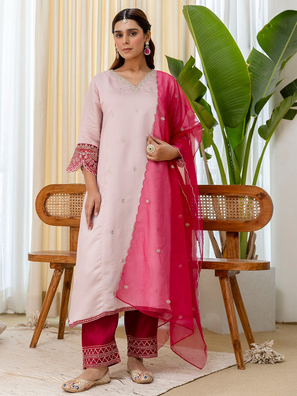 Women’s A-Line Brownie Silk Blend Kurta Pant Set with Embroidered Organza Dupatta