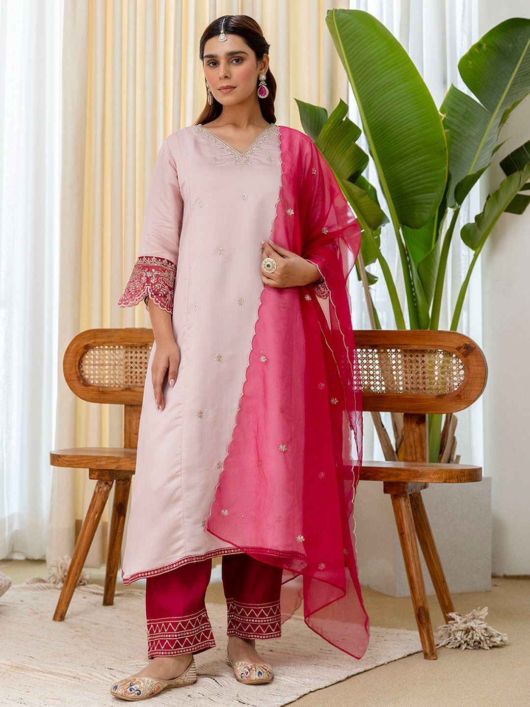 Women’s A-Line Brownie Silk Blend Kurta Pant Set with Embroidered Organza Dupatta