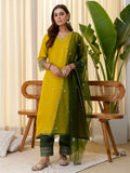 Women’s A-Line Brownie Silk Blend Kurta Pant Set with Embroidered Organza Dupatta