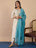 Women’s Zora Silk Straight Kurta Pant Set with Chanderi Striped Dupatta
