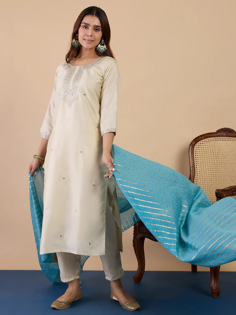 Women’s Zora Silk Straight Kurta Pant Set with Chanderi Striped Dupatta