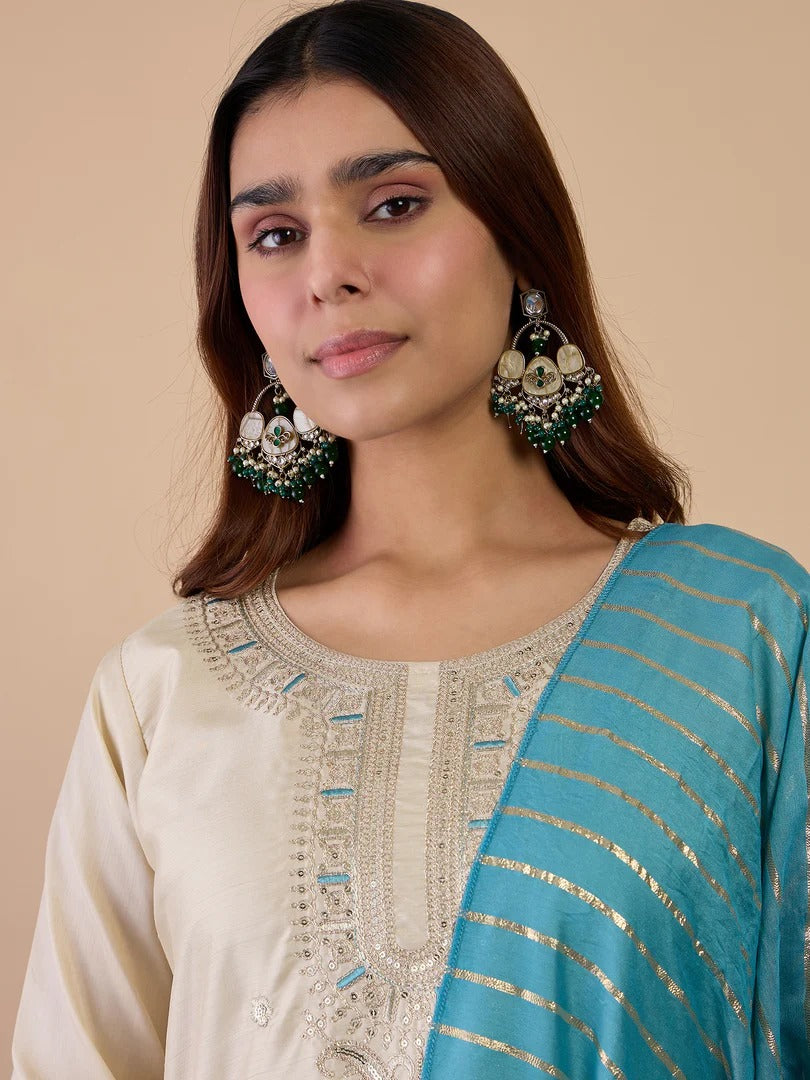 Women’s Zora Silk Straight Kurta Pant Set with Chanderi Striped Dupatta