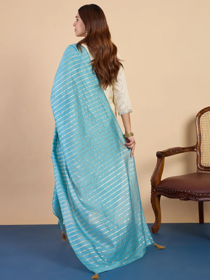 Women’s Zora Silk Straight Kurta Pant Set with Chanderi Striped Dupatta