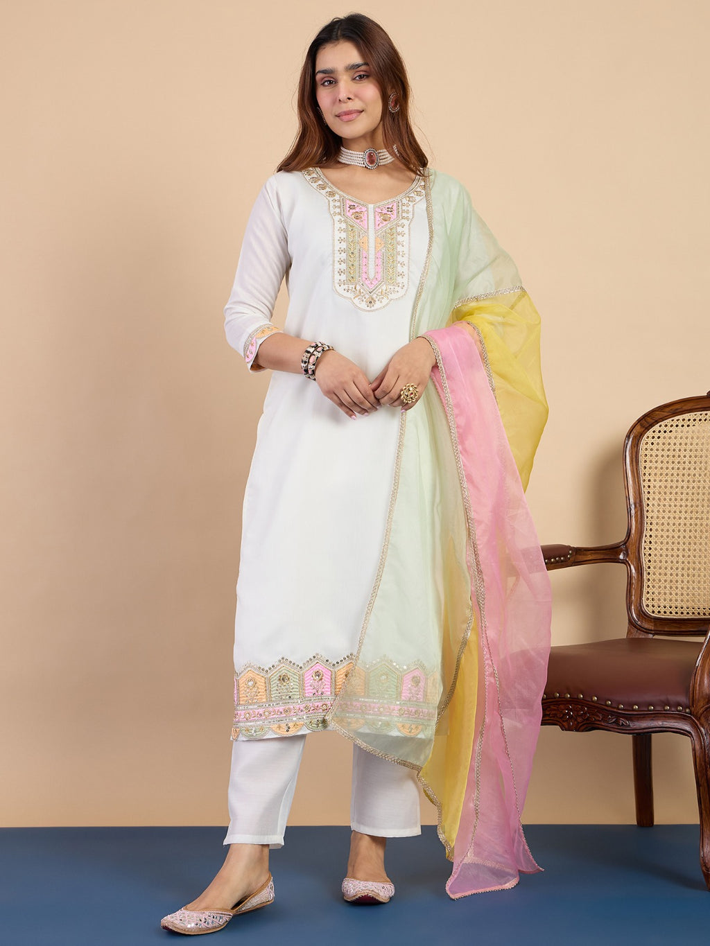 Women’s Silk Blend Kurta Pant Set with Lace Border Silk Dupatta