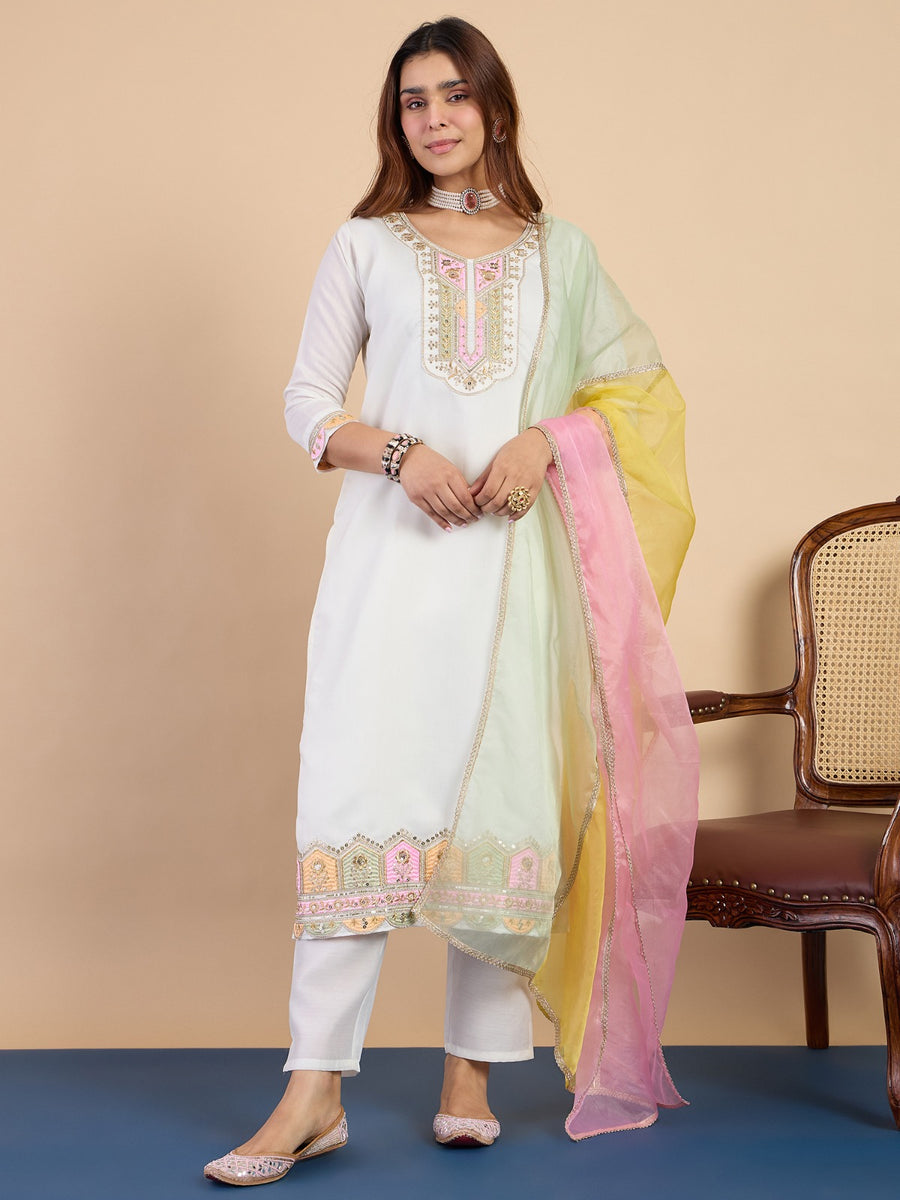 Women’s Silk Blend Kurta Pant Set with Lace Border Silk Dupatta