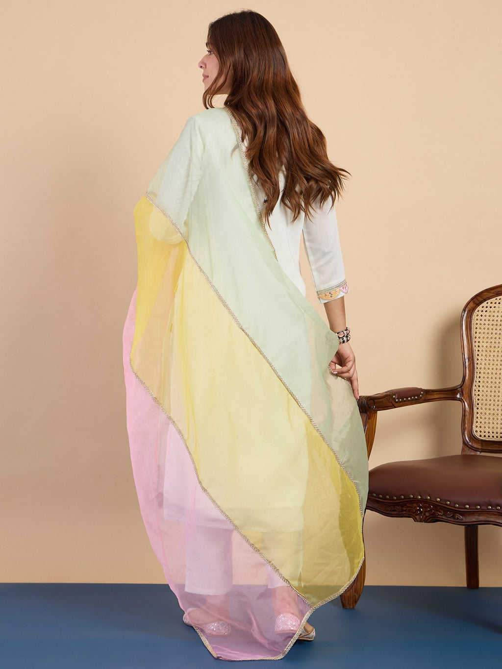 Women’s Silk Blend Kurta Pant Set with Lace Border Silk Dupatta