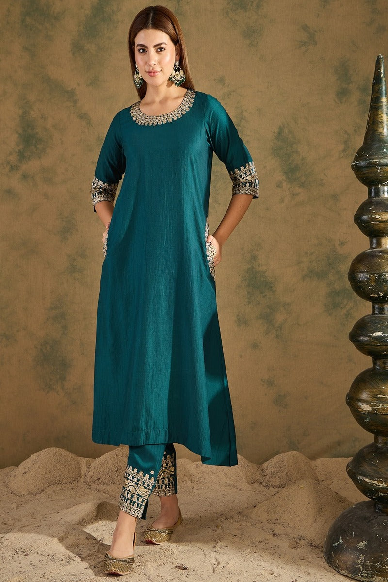Aisha Embroidered Silk Kurta Set