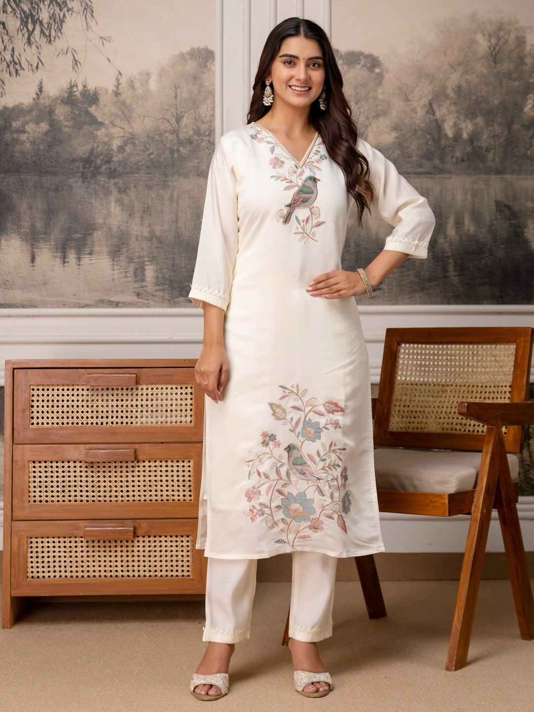 Pearl Garden Bird Embroidered Kurti Set