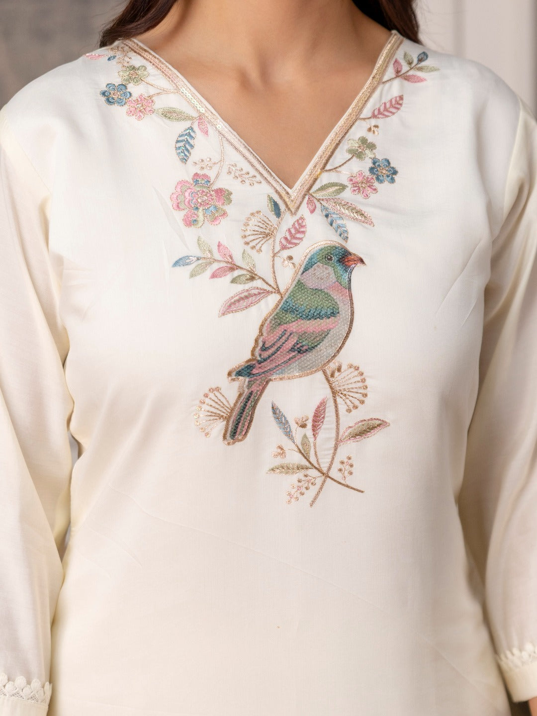 Pearl Garden Bird Embroidered Kurti Set