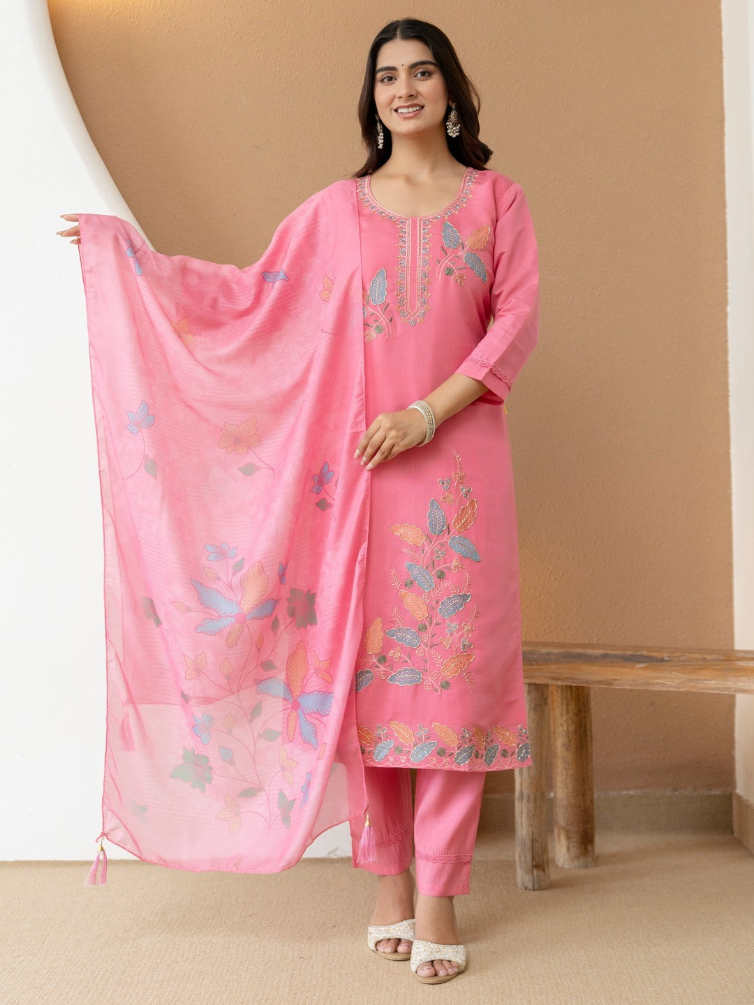 Rose Petal Floral Embroidered Kurti Set