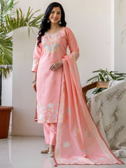 Peach Blossom Floral Embroidered Kurti Set