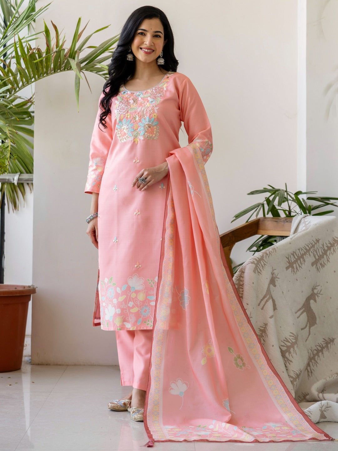 Peach Blossom Floral Embroidered Kurti Set