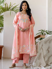 Peach Blossom Floral Embroidered Kurti Set
