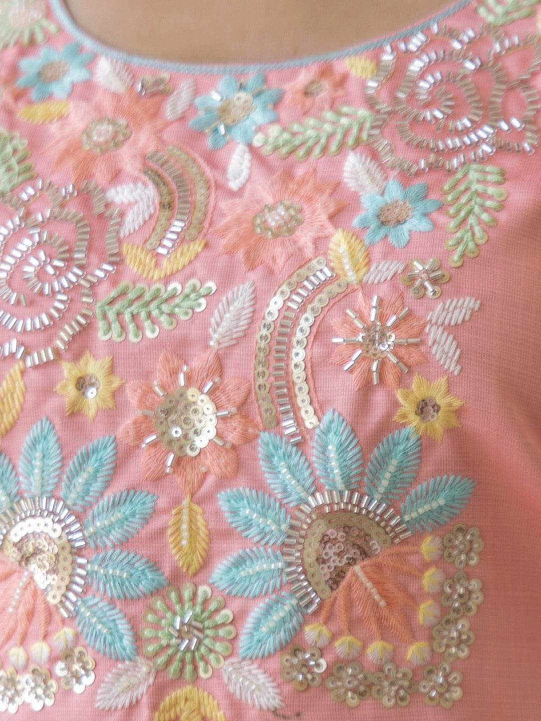 Peach Blossom Floral Embroidered Kurti Set