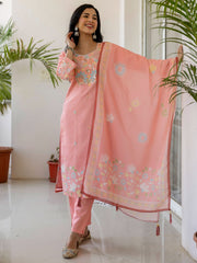 Peach Blossom Floral Embroidered Kurti Set