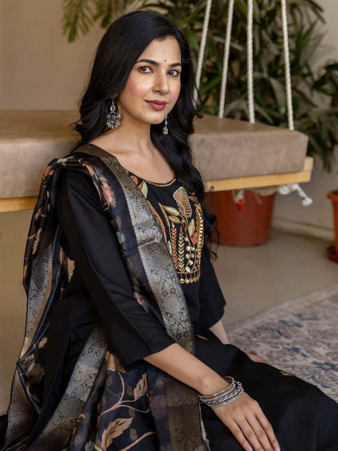 Gulbahar Black Embroidered Kurti with Dupatta