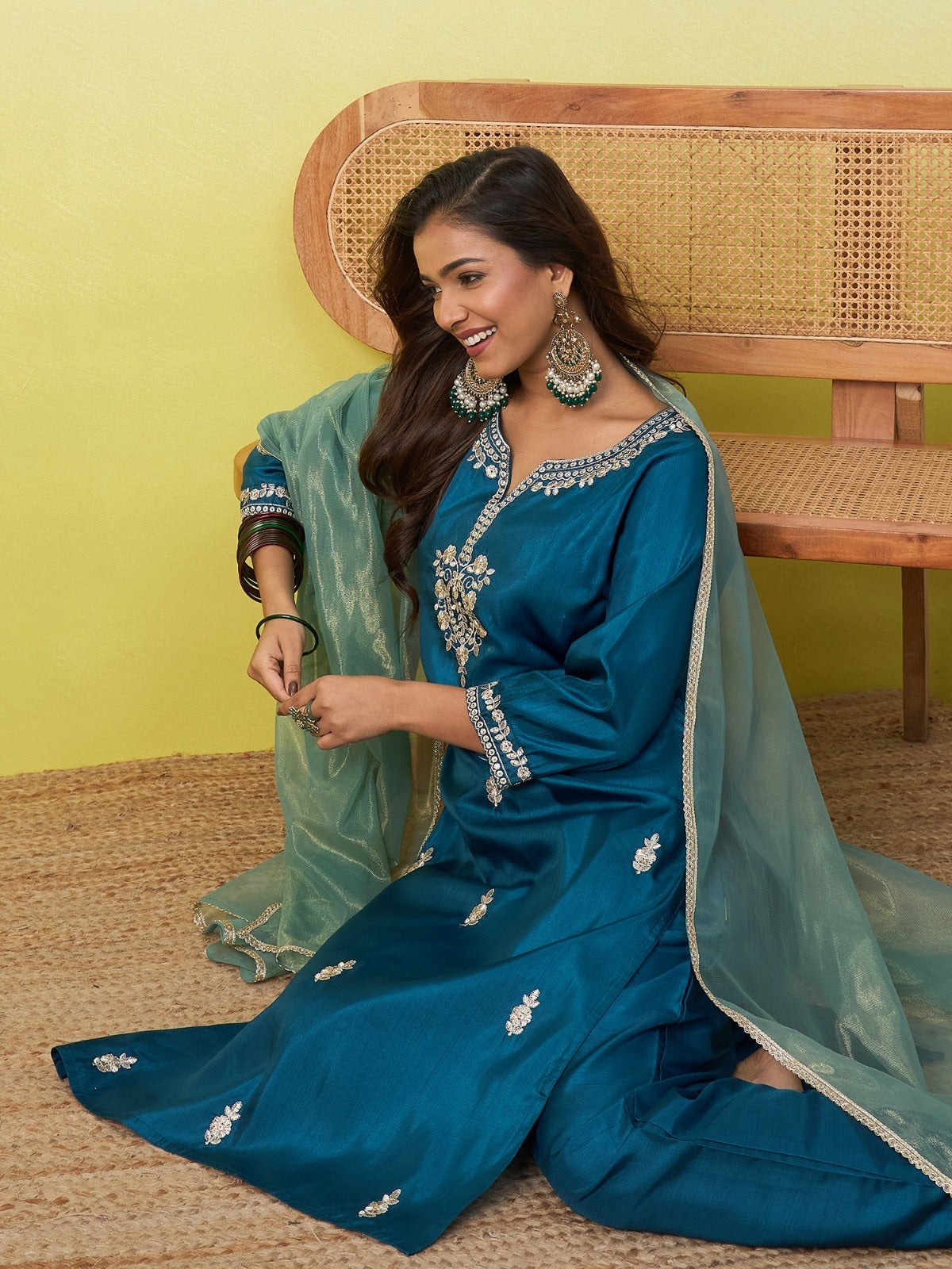 Meher Teal Blue Embroidered Kurti Set with Dupatta