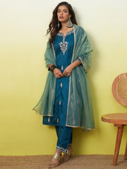 Meher Teal Blue Embroidered Kurti Set with Dupatta