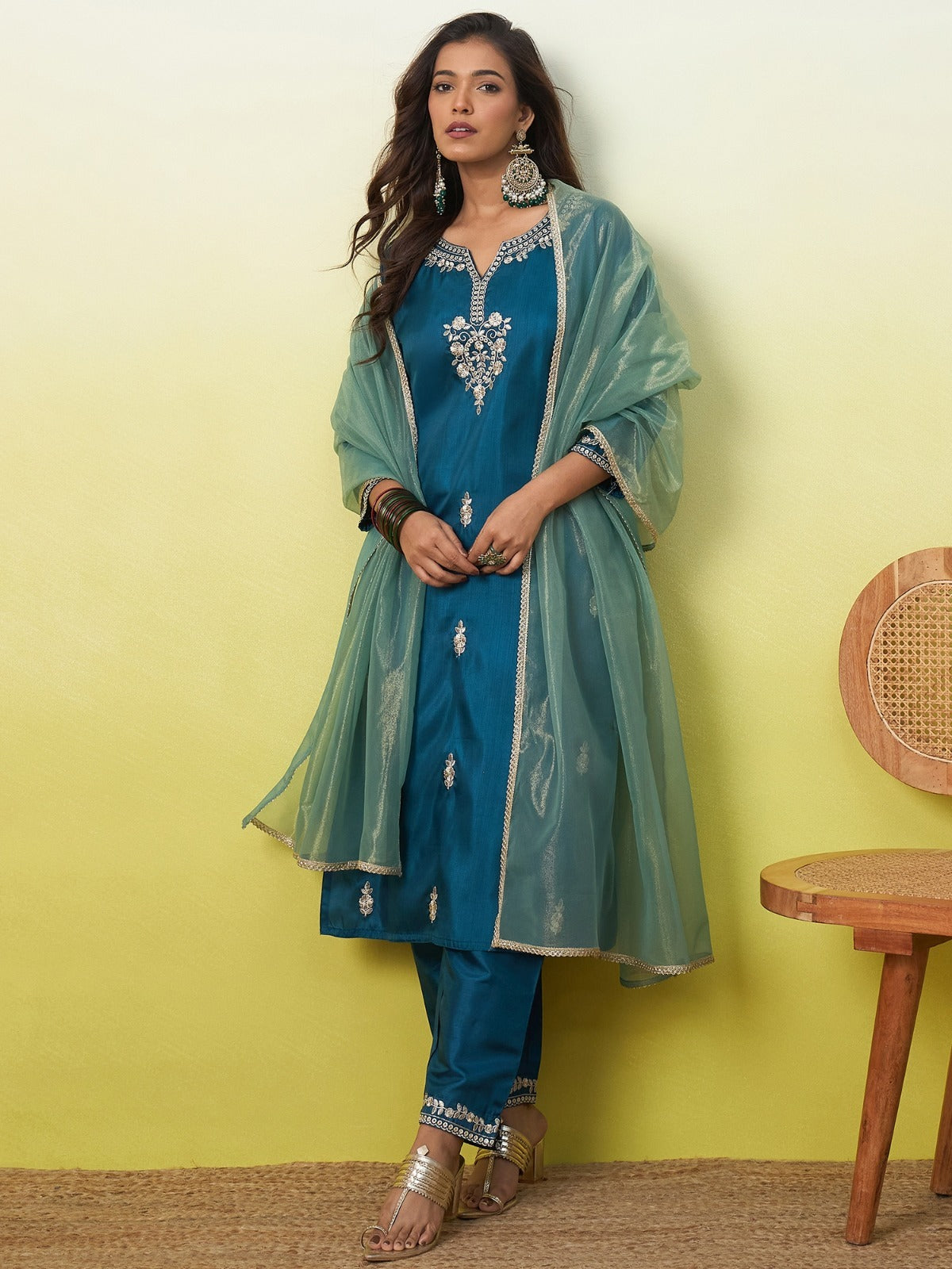 Meher Teal Blue Embroidered Kurti Set with Dupatta