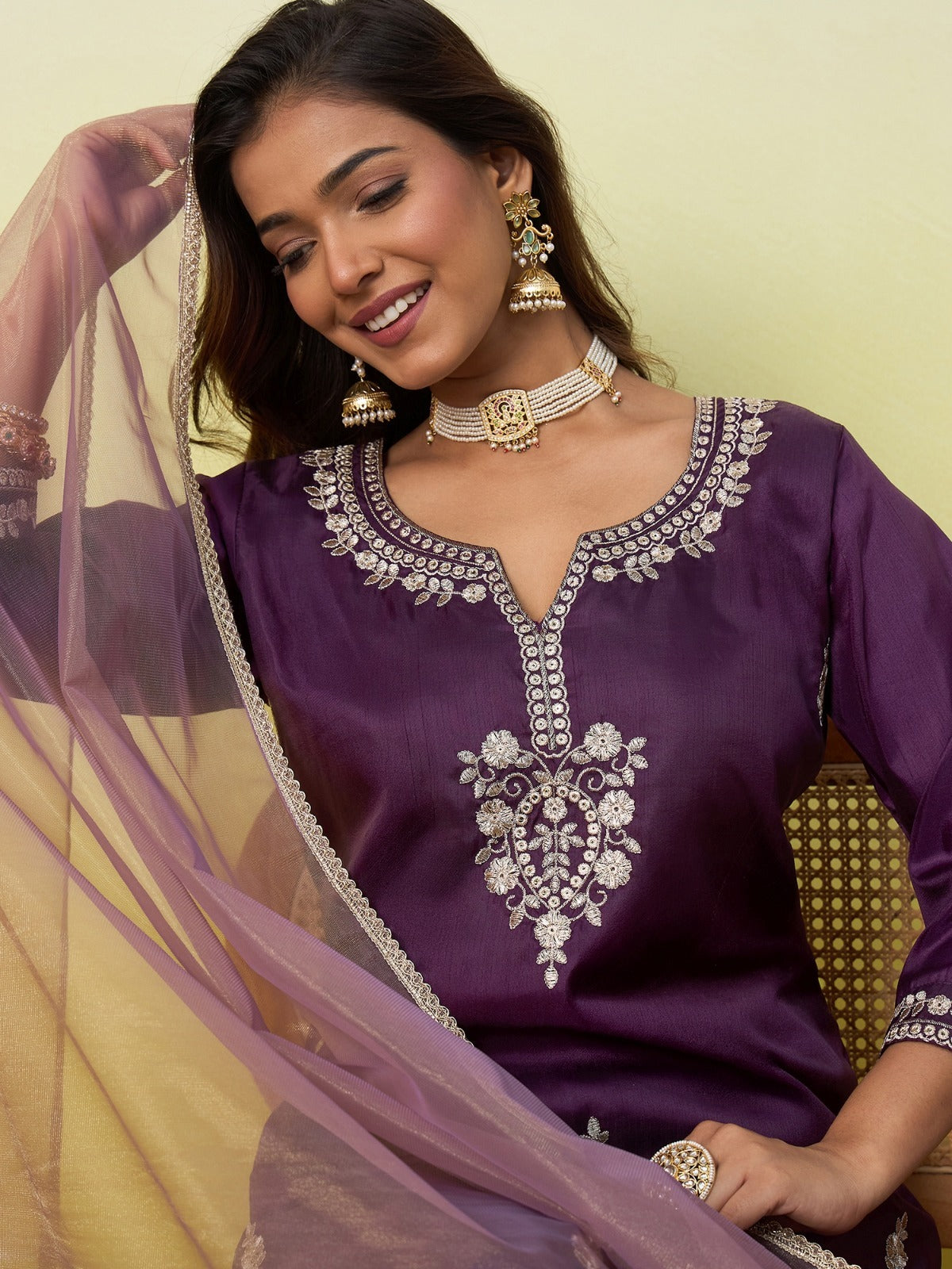 Aarohi Royal Plum Embroidered Kurti Set with Dupatta