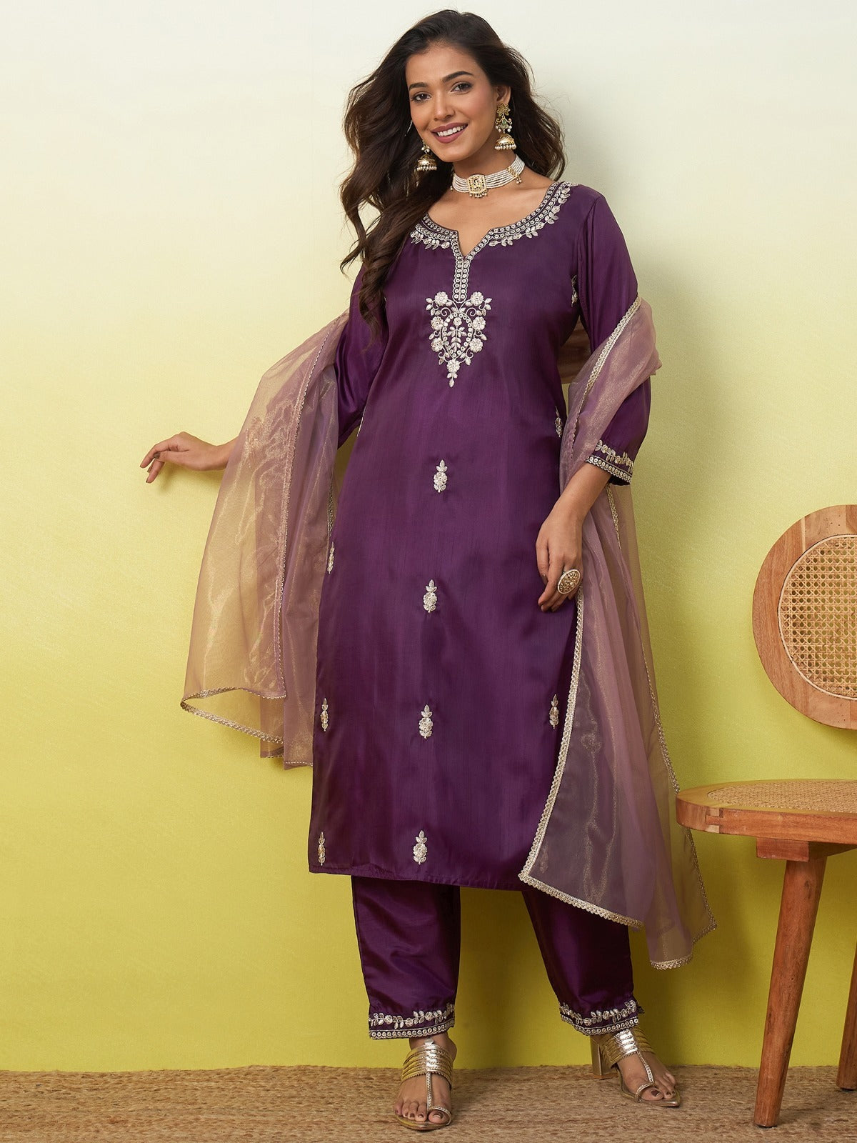 Aarohi Royal Plum Embroidered Kurti Set with Dupatta