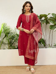Ishanvi Women's Red Festive Embroidered Yoke Straight Kurta Pant Set