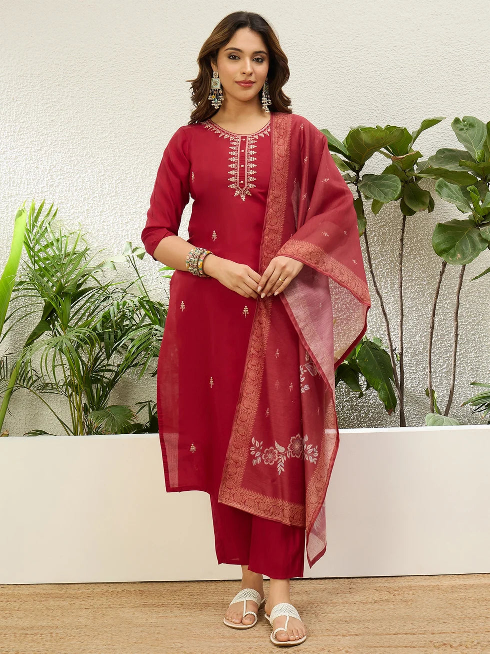 Ishanvi Women's Red Festive Embroidered Yoke Straight Kurta Pant Set