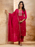 Floral Embroidered Silk Blend Round Neck Kurta Trouser & Dupatta Set