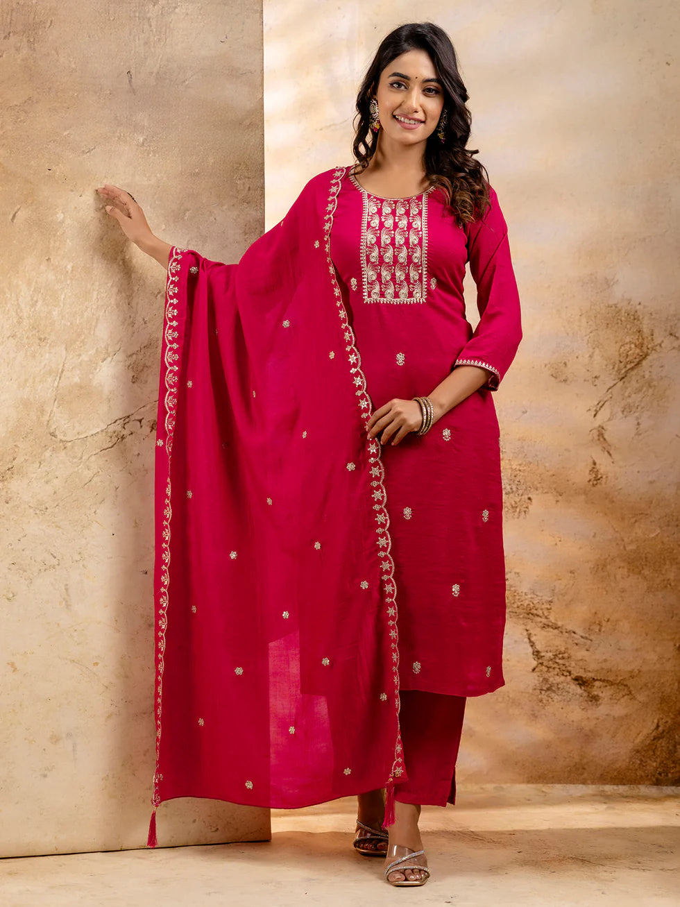 Floral Embroidered Silk Blend Round Neck Kurta Trouser & Dupatta Set
