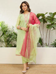 Sharini Women's Pista Green Embroidered Yoke Design Straight Kurta Pant Set with Ombre Dupatta